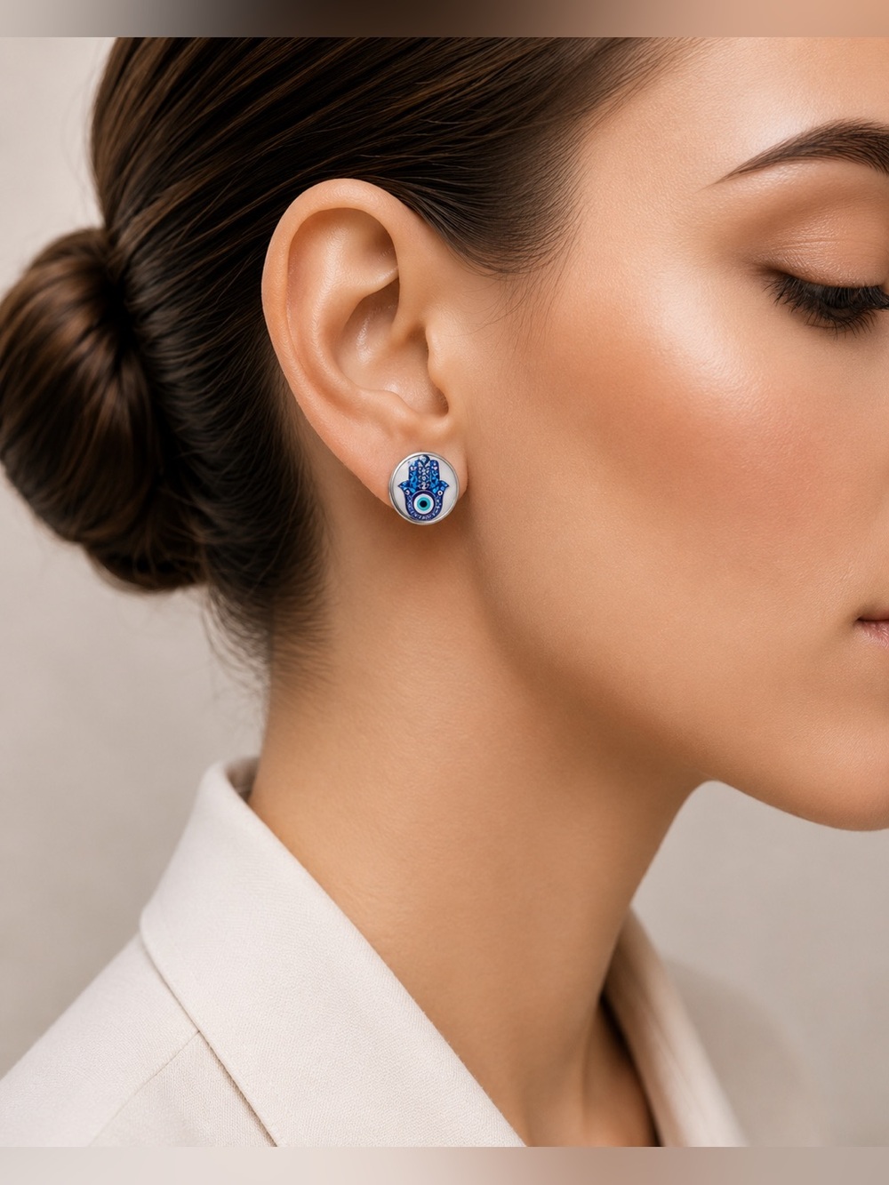 Hamsa Evil Eye Stud Earrings in Blue - Women Jewelry